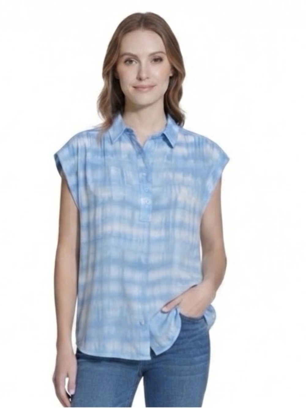 Calvin Klein Women's Blue and White Button Down Shirt